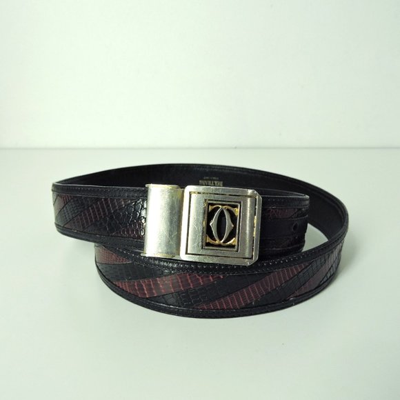 VTG Beltrami maroon black belt sz 32 / Cartier gold silver pin buckle made Italy - Picture 3 of 13